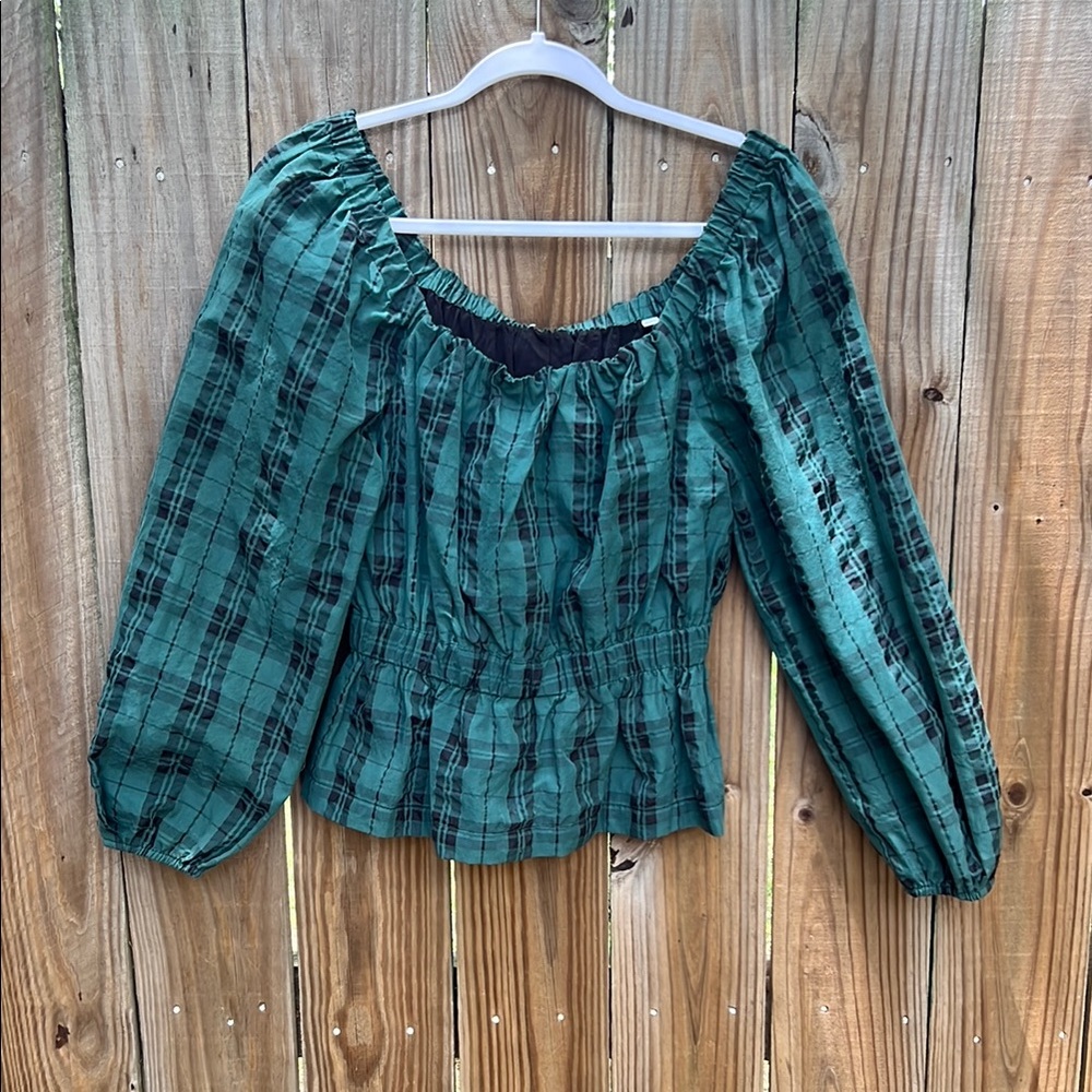 Tanya Taylor Green Plaid Peasant Blouse